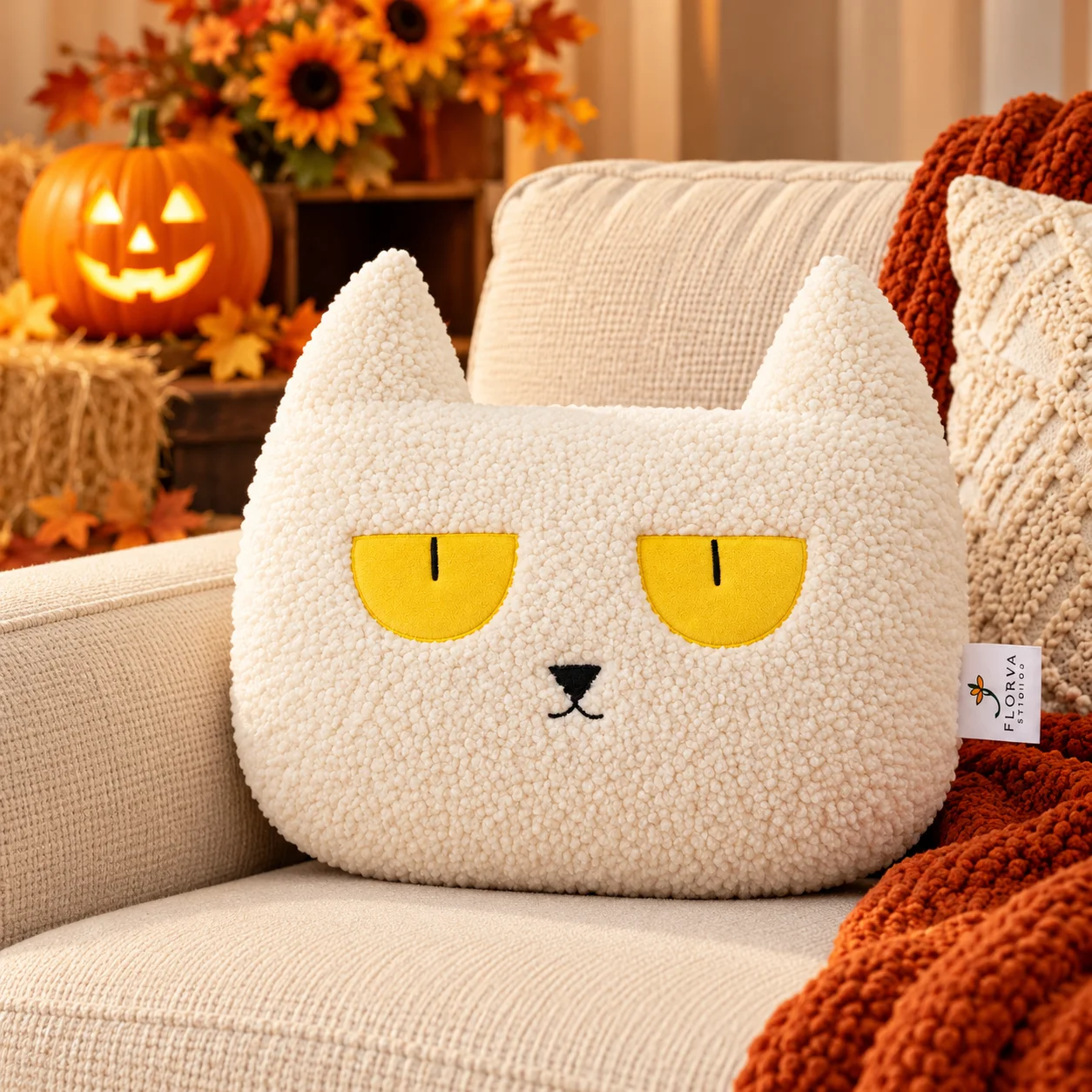 White Cat Cushion – Soft Plush Decorative Pillow - Image 1