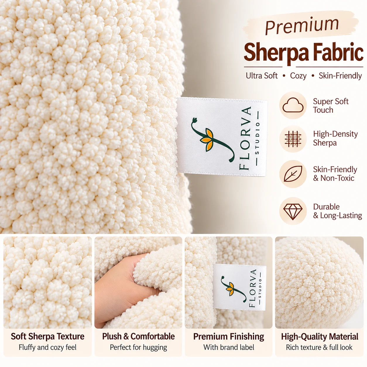 Square Plush Cushion – Soft Decorative Pillow (Cream) - Image 4