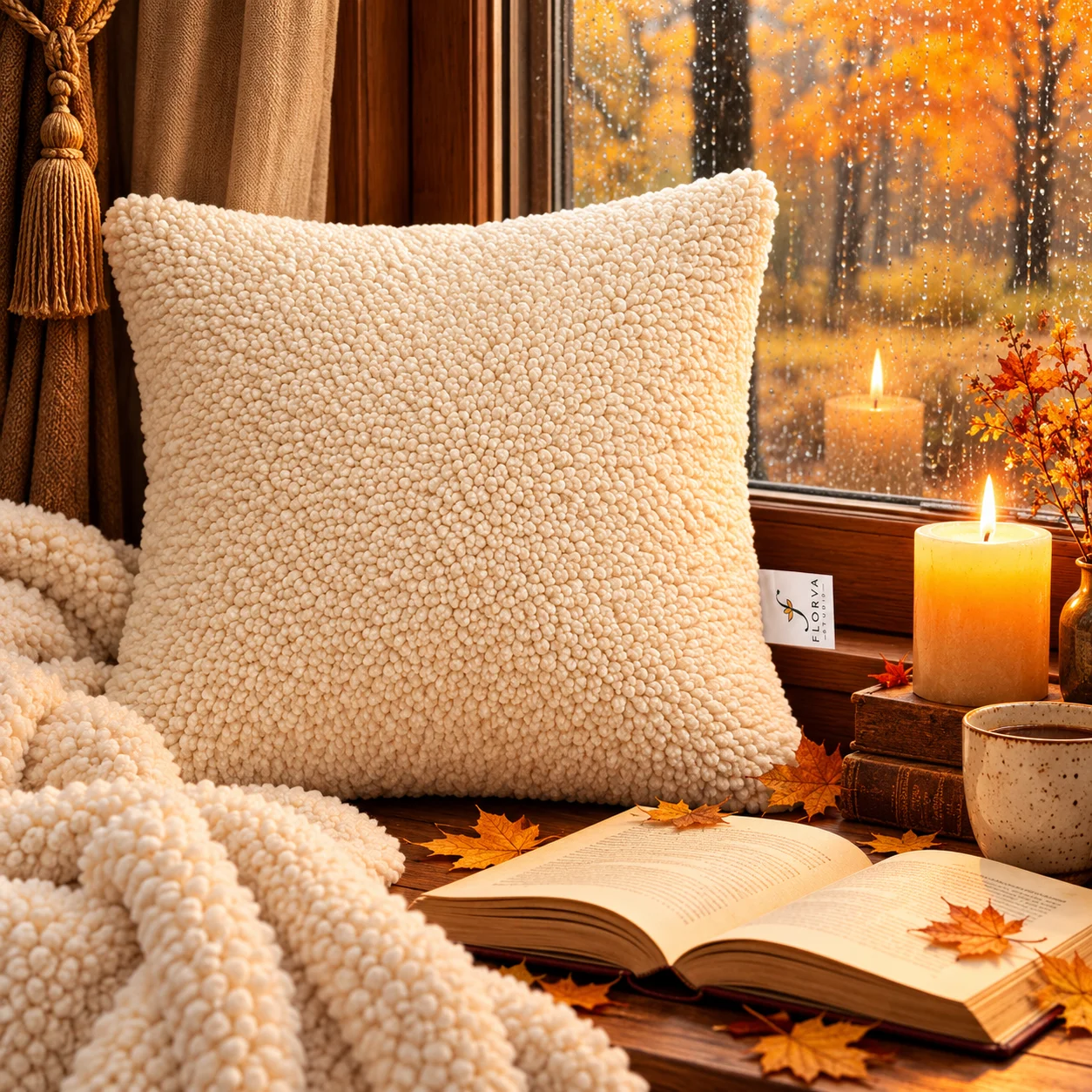 Square Plush Cushion – Soft Decorative Pillow (Cream) - Image 6