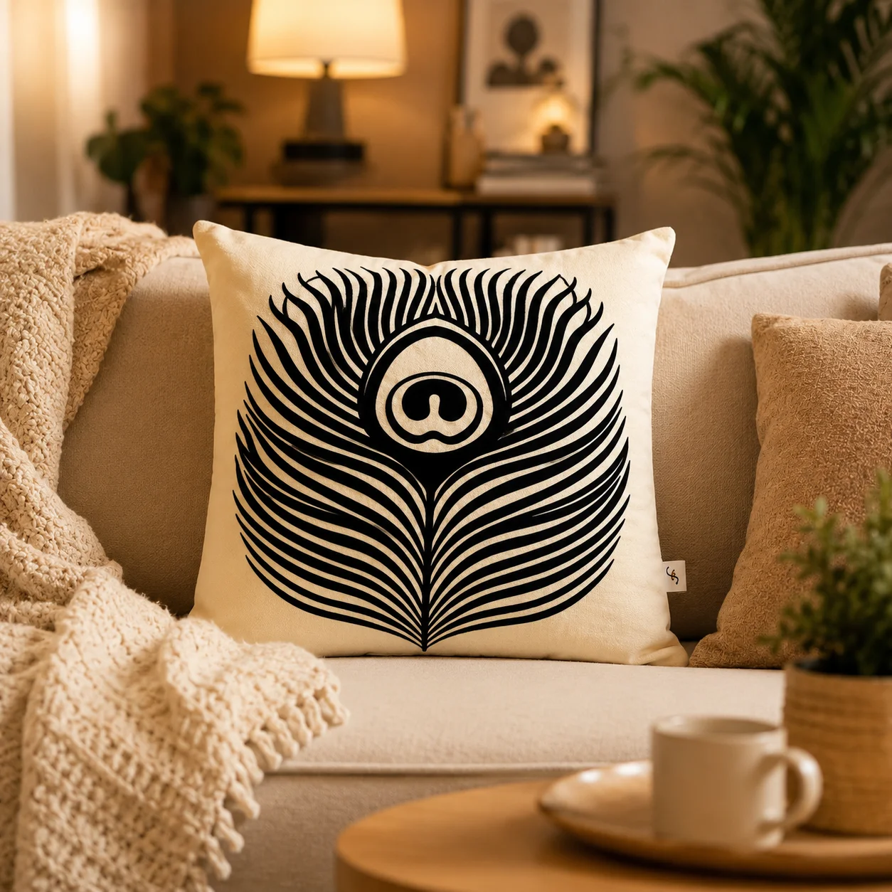 Peacock Feather Print Velboa Cushion - Multicolor - Image 1