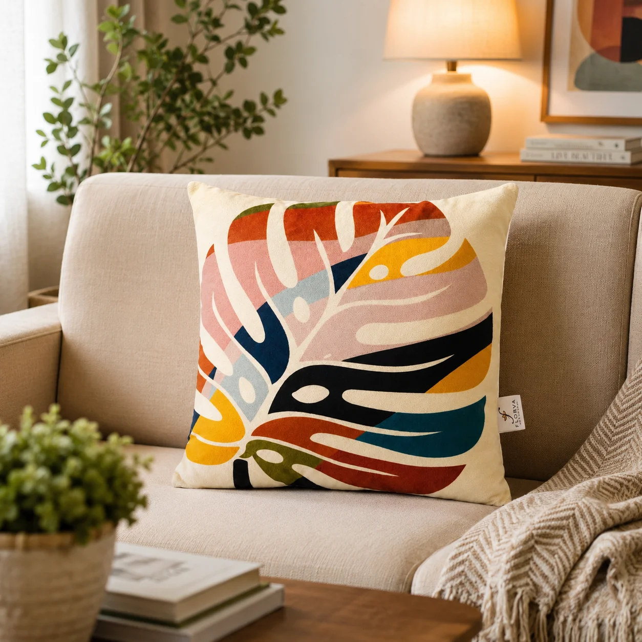Abstract Botanical Print Cushion – Multicolor - Image 1
