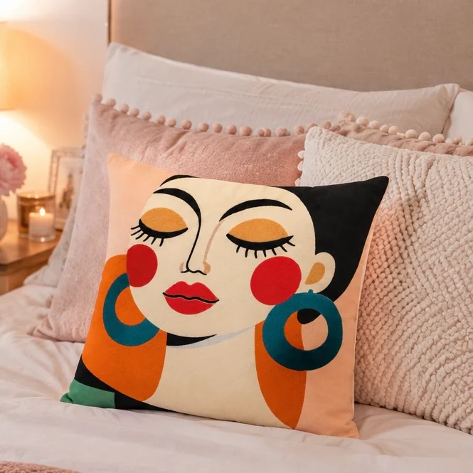 Abstract Woman Illustration Print Cushion – Multicolor - Image 1