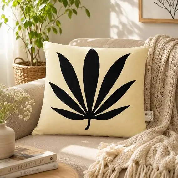 Botanical Leaf Print Cushion – Soft Velboa, Multicolor, 38 × 38 cm - Image 1