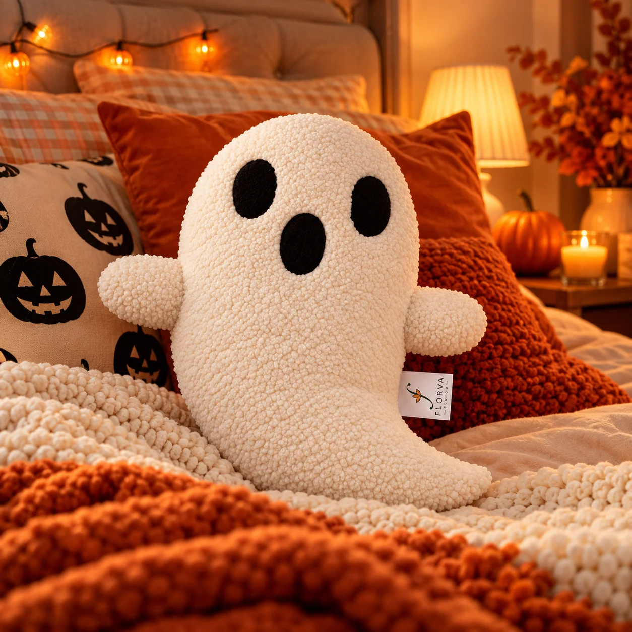 White Ghost Plush Cushion – Halloween Décor, 40 × 30 cm - Image 1