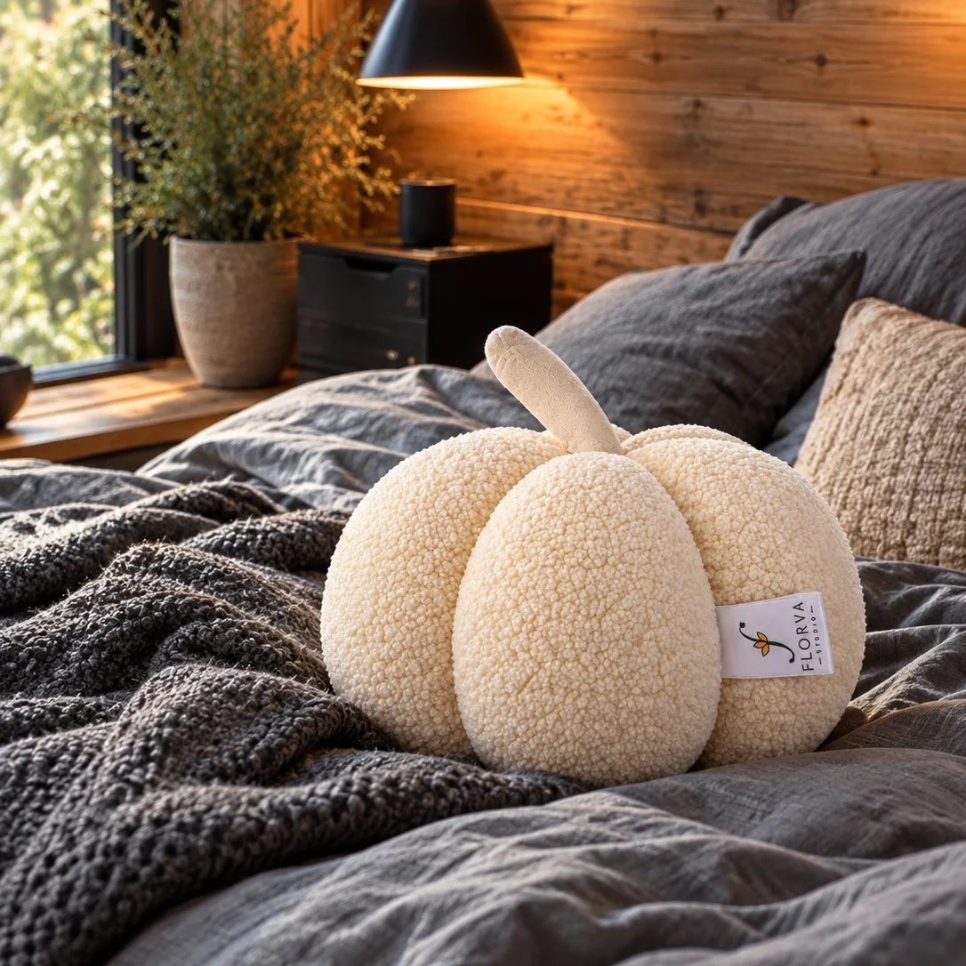 Pumpkin Shaped Sherpa Cushion – Soft Plush Decorative Pillow, 25 × 25 cm - Image 1