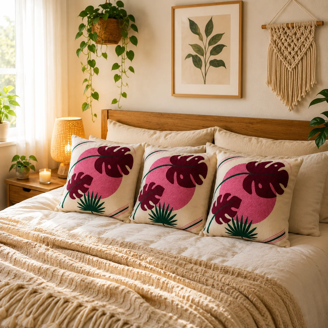 Leaf Print Cushion – Cotton Decorative Pillows (38 × 38 cm) - Image 3