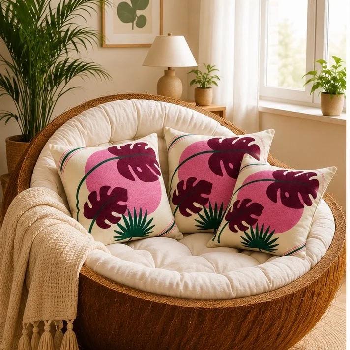 Leaf Print Cushion – Cotton Decorative Pillows (38 × 38 cm) - Image 6