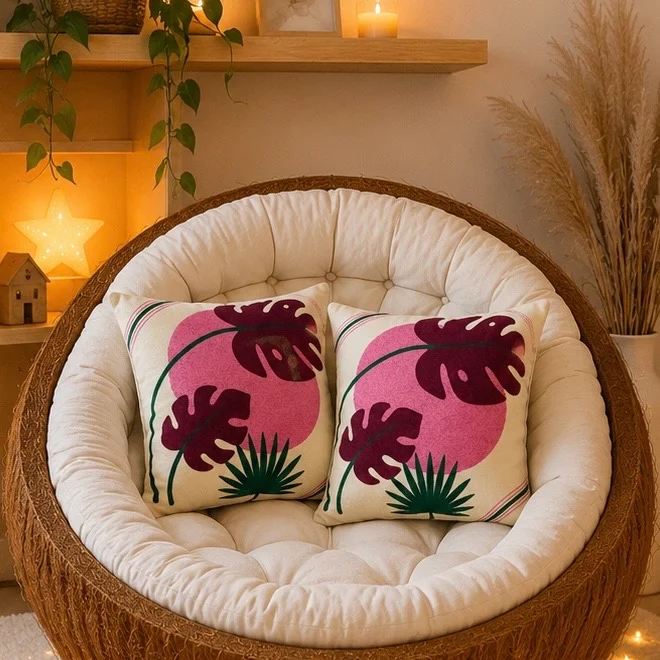 Leaf Print Cushion – Cotton Decorative Pillows (38 × 38 cm) - Image 2