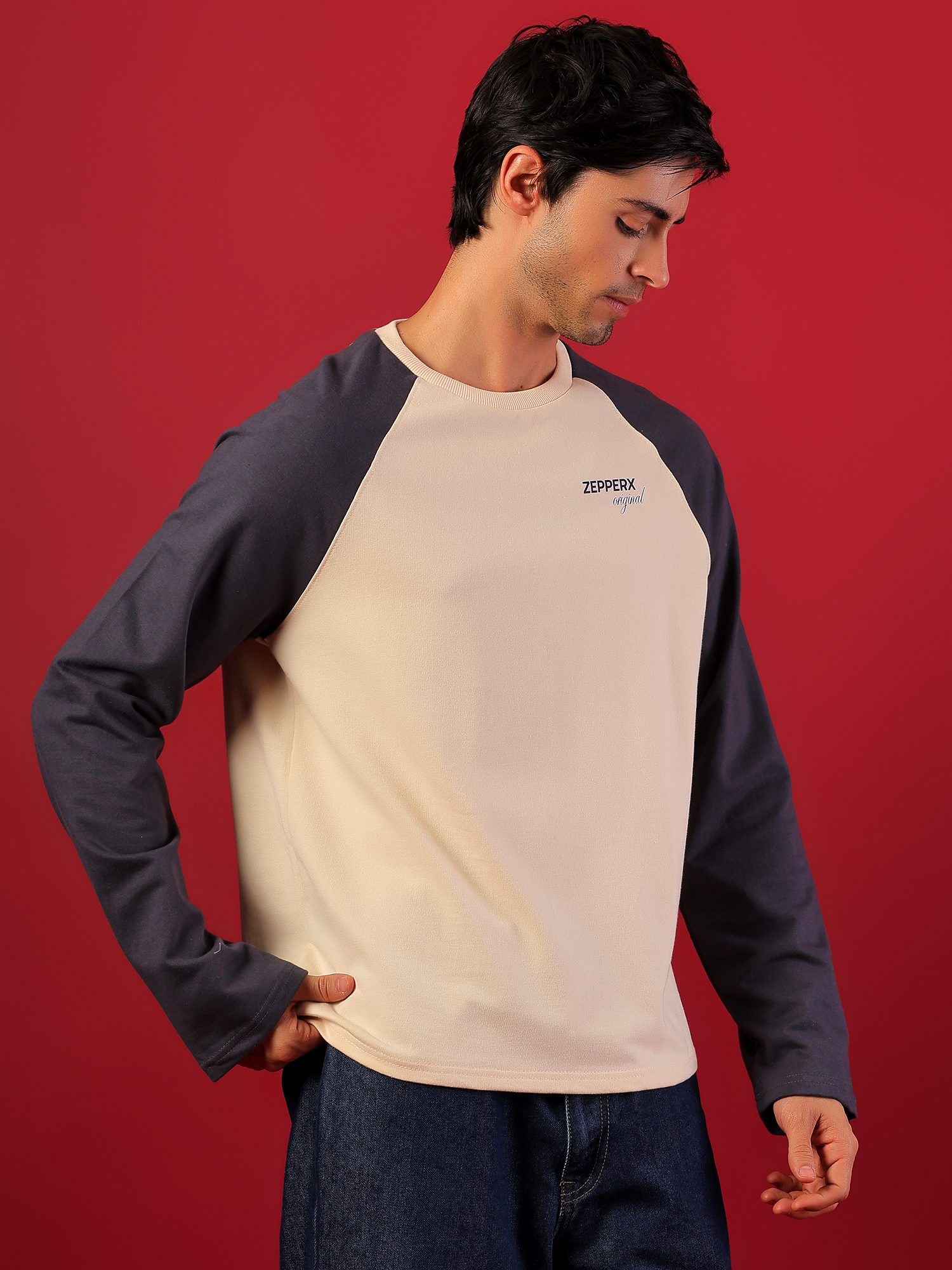 ZEPPERX Raglan Full Sleeves Boxy Fit T-Shirt  018 - Image 2