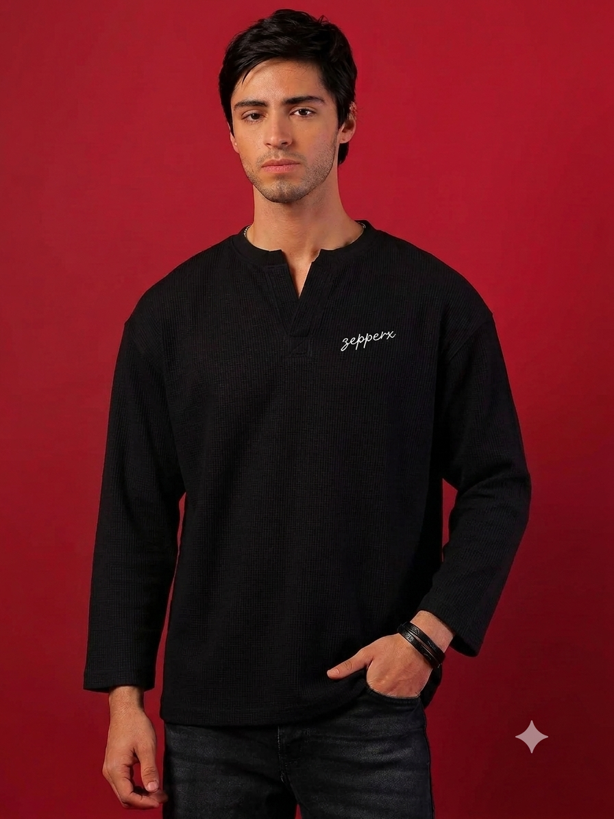 ZEPPERX Waffle-Knit Split-Neck Top 020 - Image 1