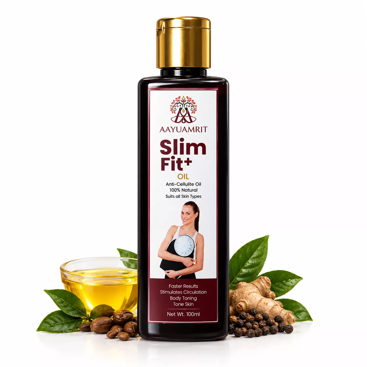 AAYUAMRIT Slim Fit+ Oil 100ml | Anti-Cellulite Body Massage Oil | Natural Herbal Oil for Body Toning & Skin Care | Suitable for All Skin Types - Image 1