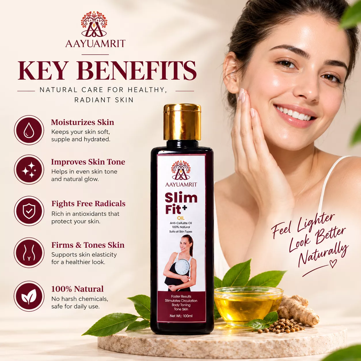 AAYUAMRIT Slim Fit+ Oil 100ml | Anti-Cellulite Body Massage Oil | Natural Herbal Oil for Body Toning & Skin Care | Suitable for All Skin Types - Image 2