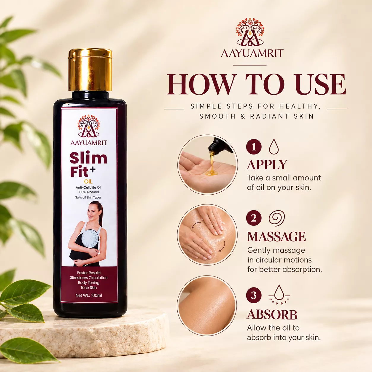 AAYUAMRIT Slim Fit+ Oil 100ml | Anti-Cellulite Body Massage Oil | Natural Herbal Oil for Body Toning & Skin Care | Suitable for All Skin Types - Image 3