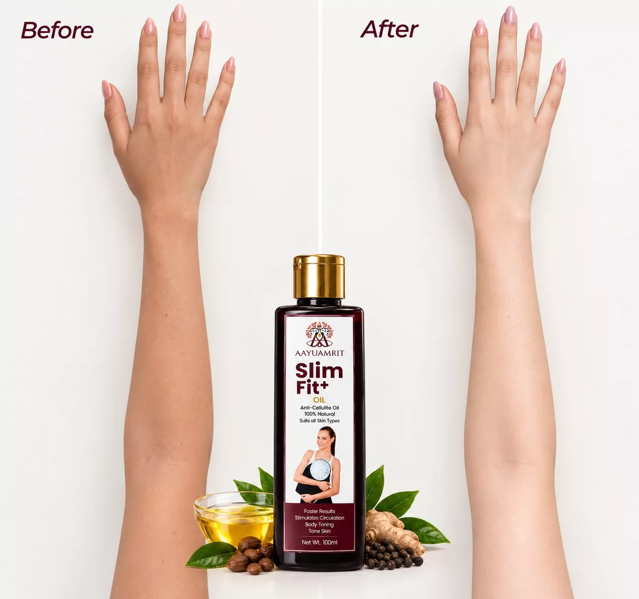 AAYUAMRIT Slim Fit+ Oil 100ml | Anti-Cellulite Body Massage Oil | Natural Herbal Oil for Body Toning & Skin Care | Suitable for All Skin Types - Image 4