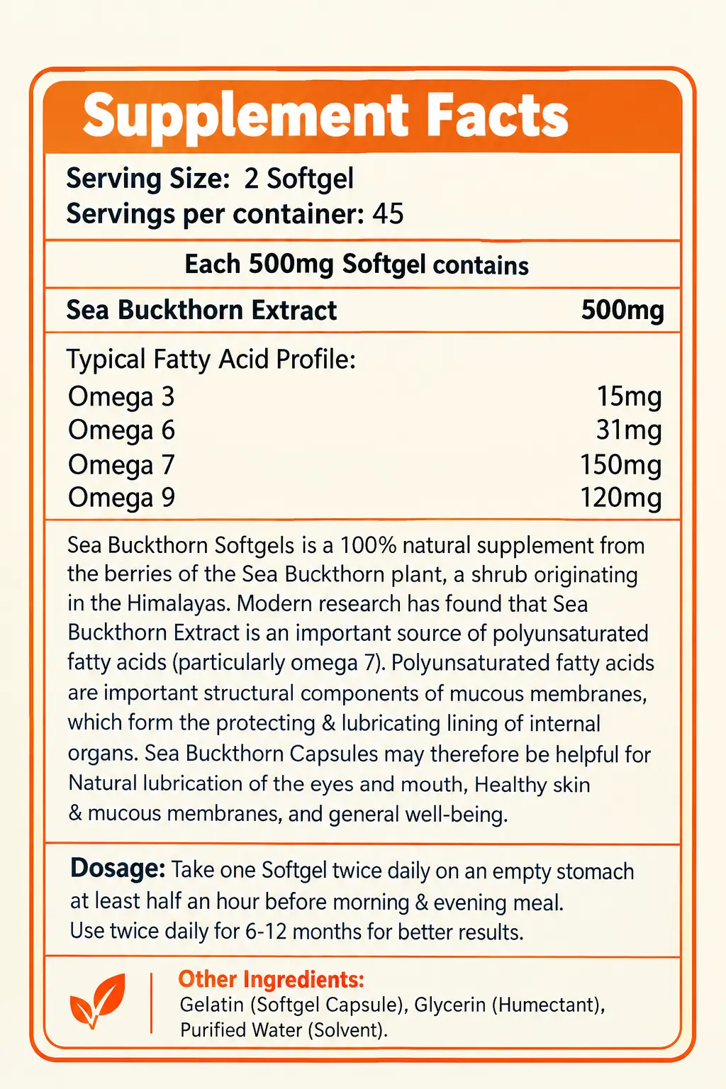 Aayuamrit Sea Buckthorn Oil Capsules 500mg – 90 Softgels | Buy 1 Get 1 Free - Image 2