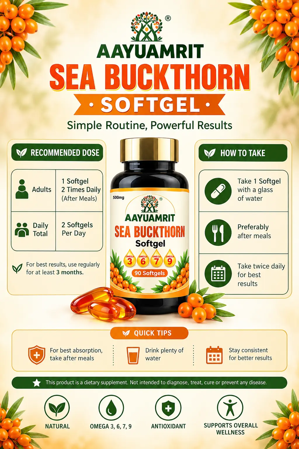 Aayuamrit Sea Buckthorn Oil Capsules 500mg – 90 Softgels | Buy 1 Get 1 Free - Image 3