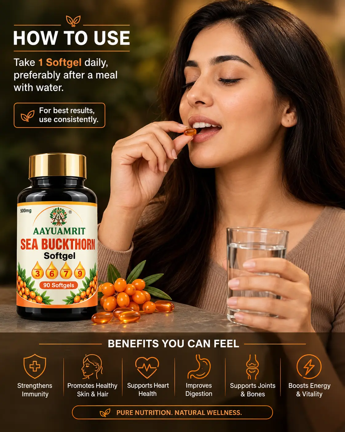 Aayuamrit Sea Buckthorn Oil Capsules 500mg – 90 Softgels | Buy 1 Get 1 Free - Image 6